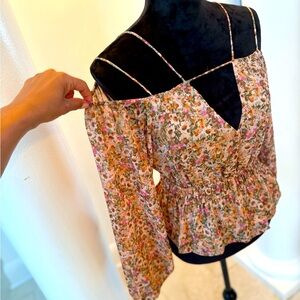 Brown and Tan Asymmetrical Peplum Blouse